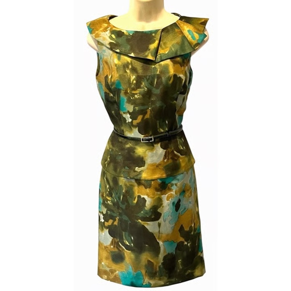 Tahari Arthur S. Levine Green Camo Sleeveless Ruffle Boat Neck Dress
